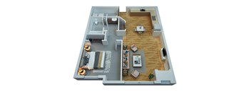 A 3D rendered image of a house layout.