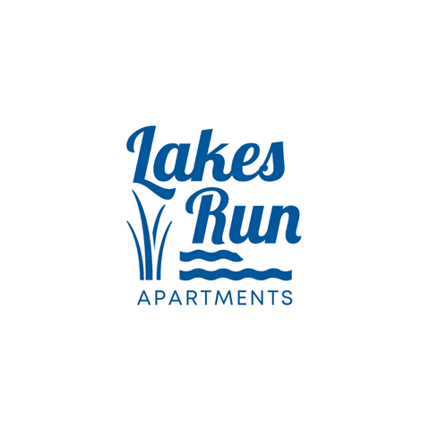 A logo for Lakes Run Apartments with blue text and design elements.