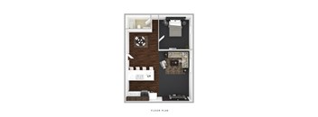 A floor plan of a small apartment with a kitchen, living room, and bedroom.