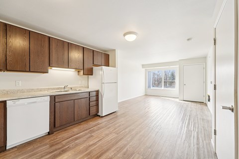 A kitchen with wooden cabinets and a white dishwasher.