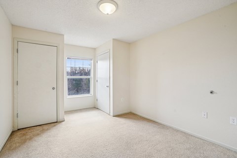 A room with a carpeted floor and a window showing trees and a building outside.