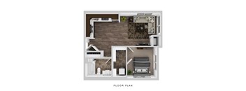 A floor plan of a small apartment with a living room, kitchen, and bedroom.