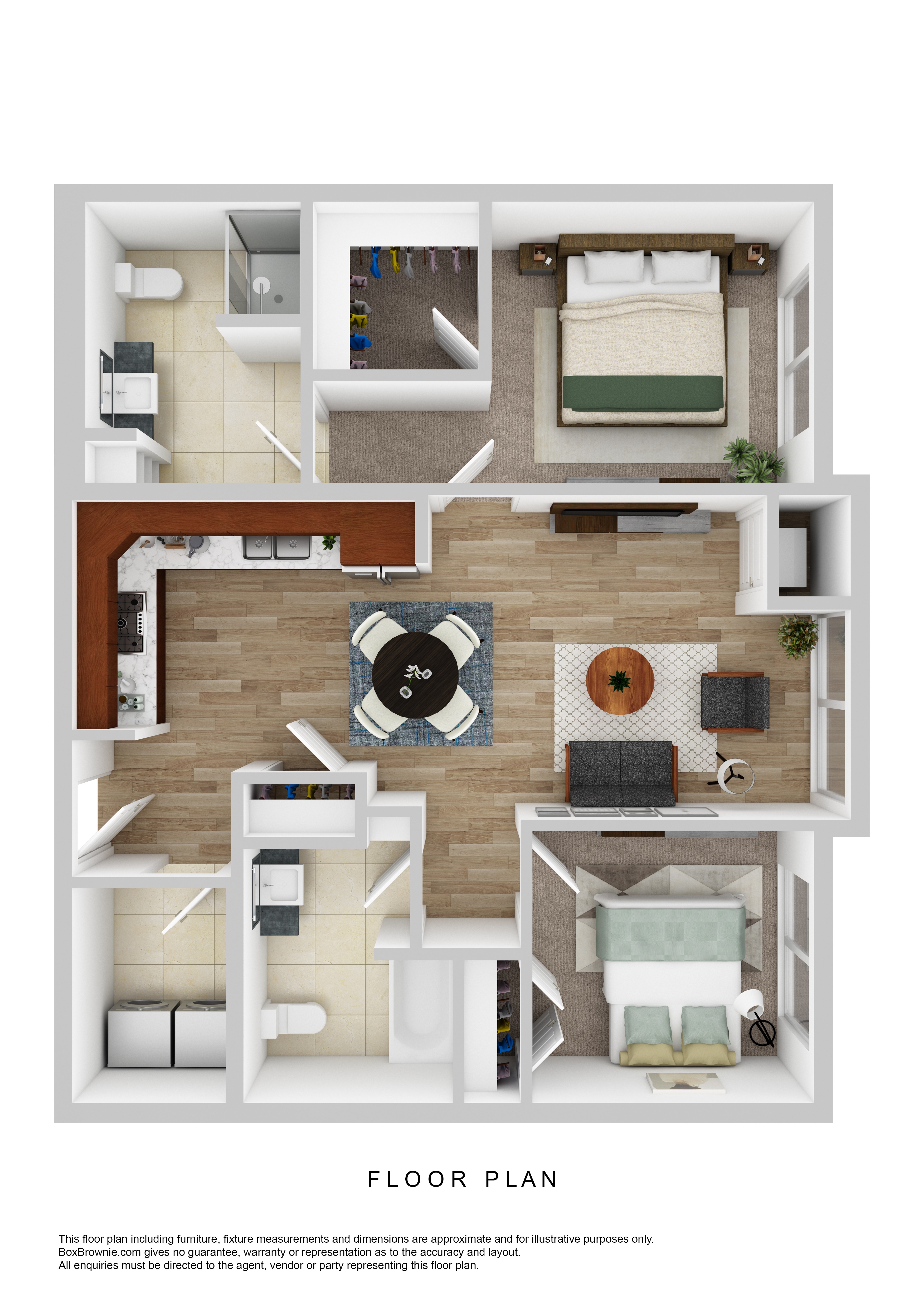 A floor plan of a house with a kitchen, living room, bedrooms and bathrooms.