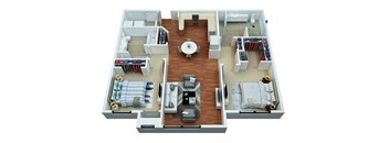 A 3D floor plan of a house with a living room, dining room, kitchen, and bedrooms.