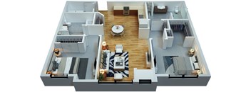 A 3D floor plan of a house with a living room, kitchen, and two bedrooms.