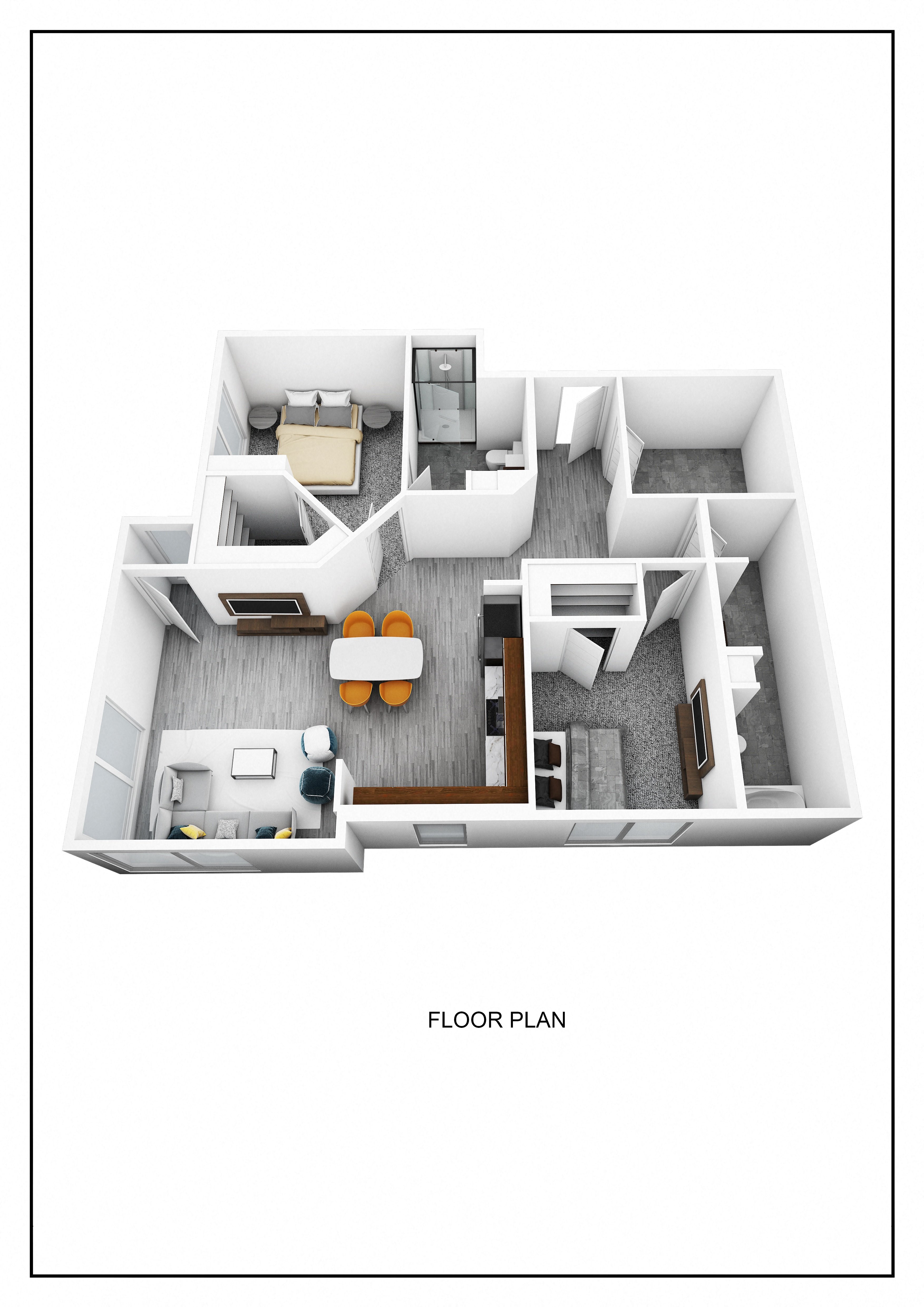 a 3d floor plan of a room with a desk and a chair