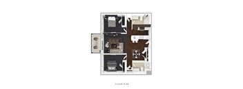 A floor plan of a house with a kitchen, living room, and two bedrooms.
