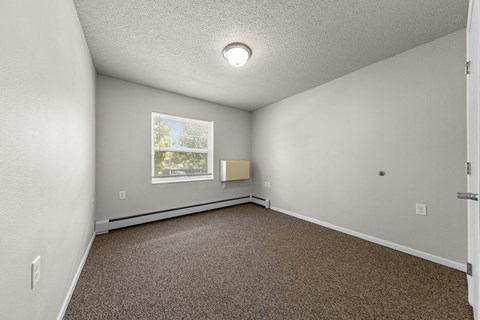 A room with a carpeted floor and a window.