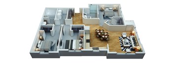 A 3D floor plan of a house with a living room, kitchen, dining room, and bedrooms.