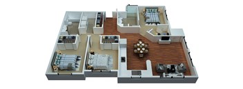 A 3D floor plan of a house with multiple rooms.