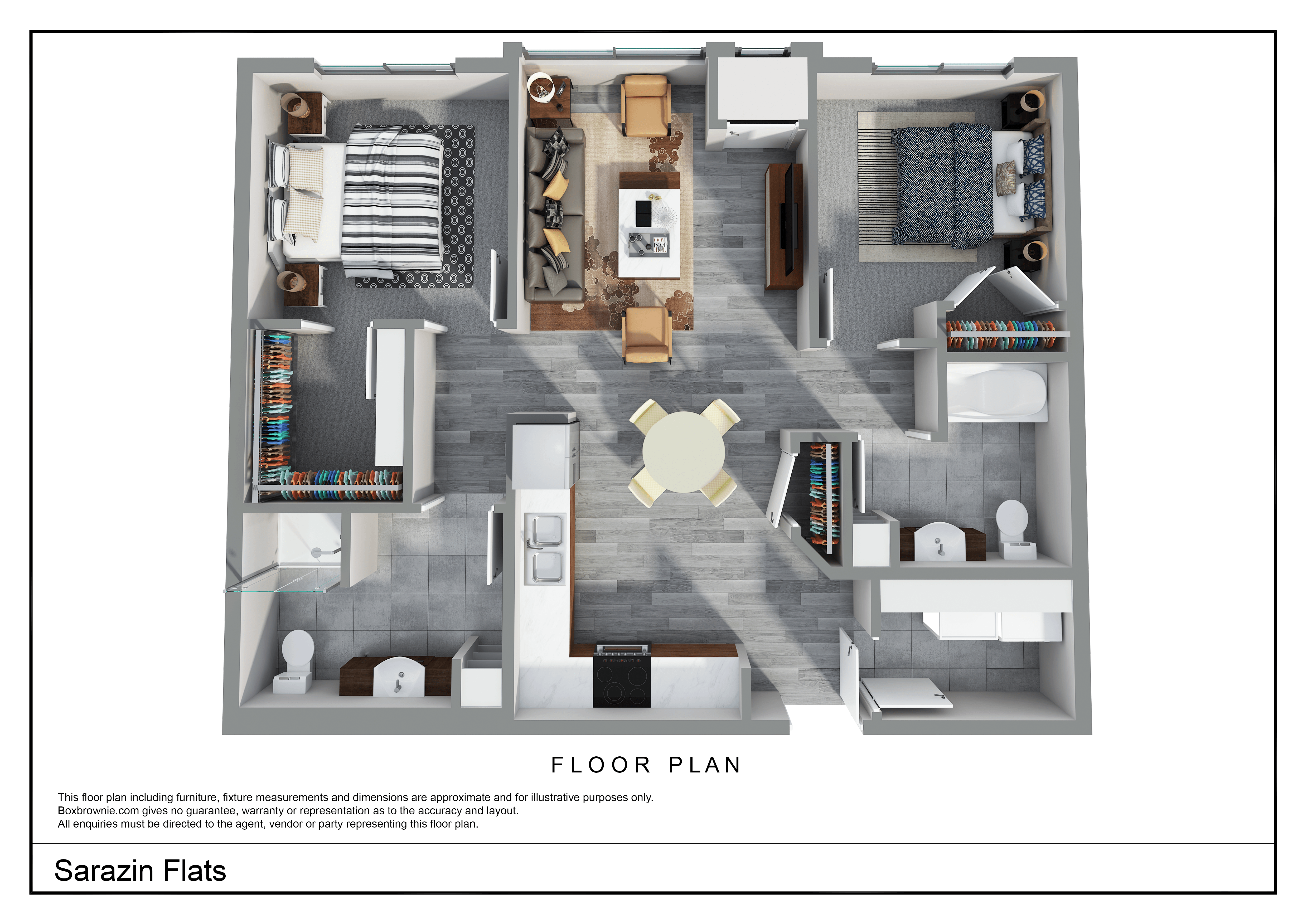 A floor plan of a house with a living room, kitchen, and two bedrooms.