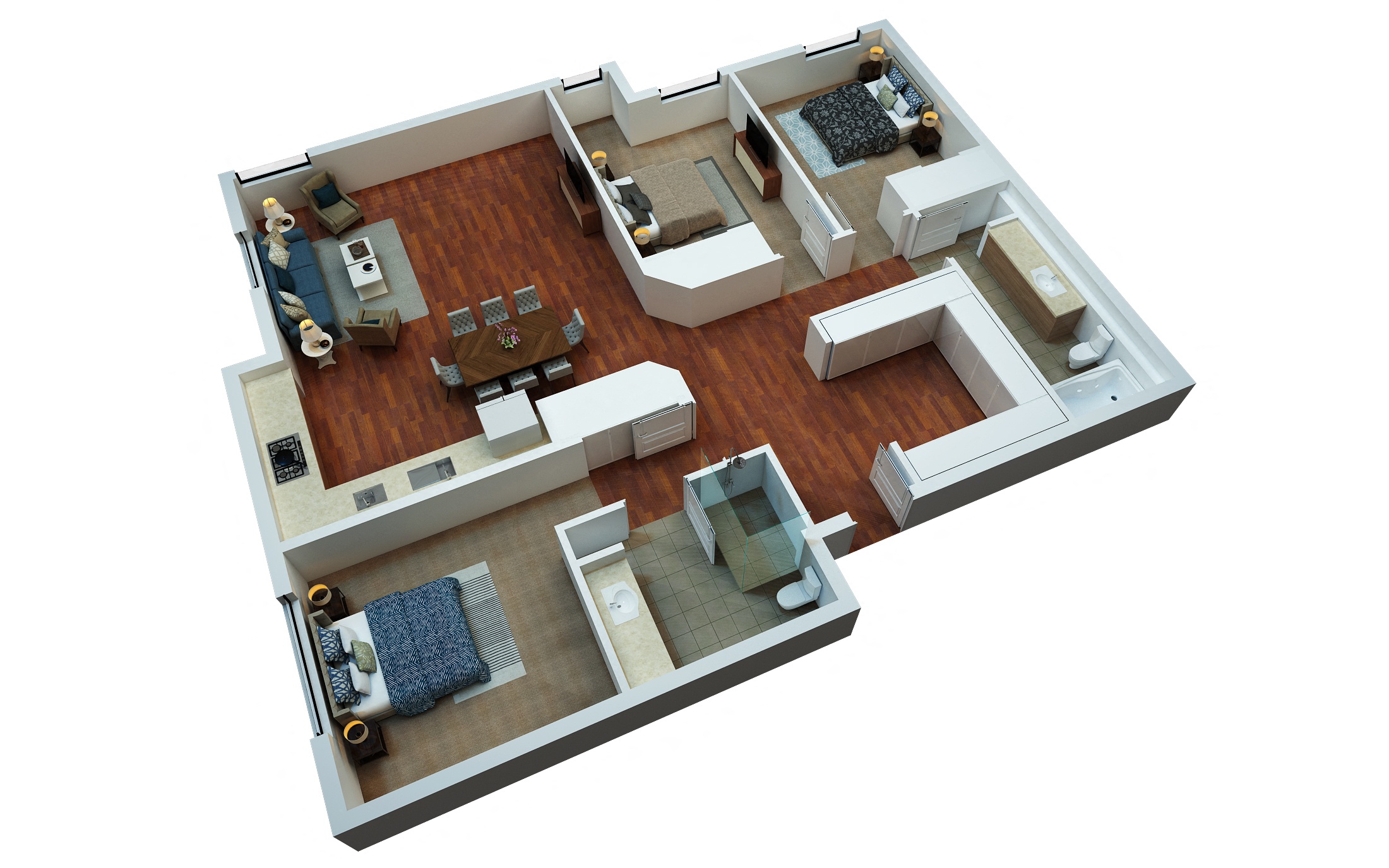 A 3D model of a house with a kitchen, living room, and bathroom.