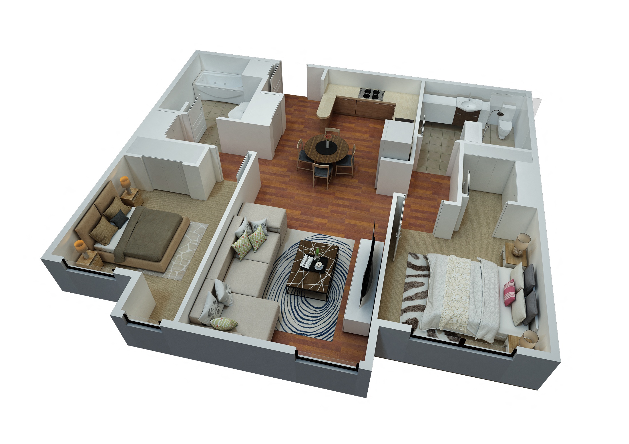 A 3D floor plan of a house with a living room, kitchen, and bathrooms.