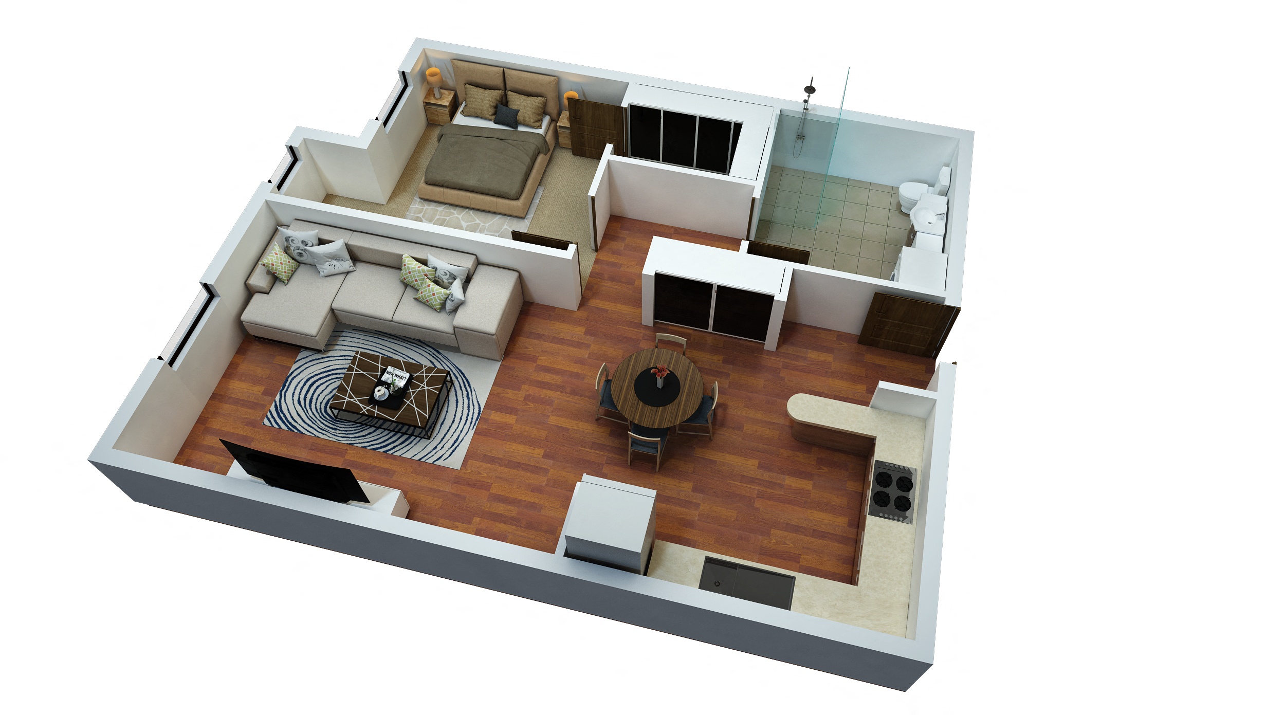 A 3D floor plan of a house with a living room, kitchen, and dining area.