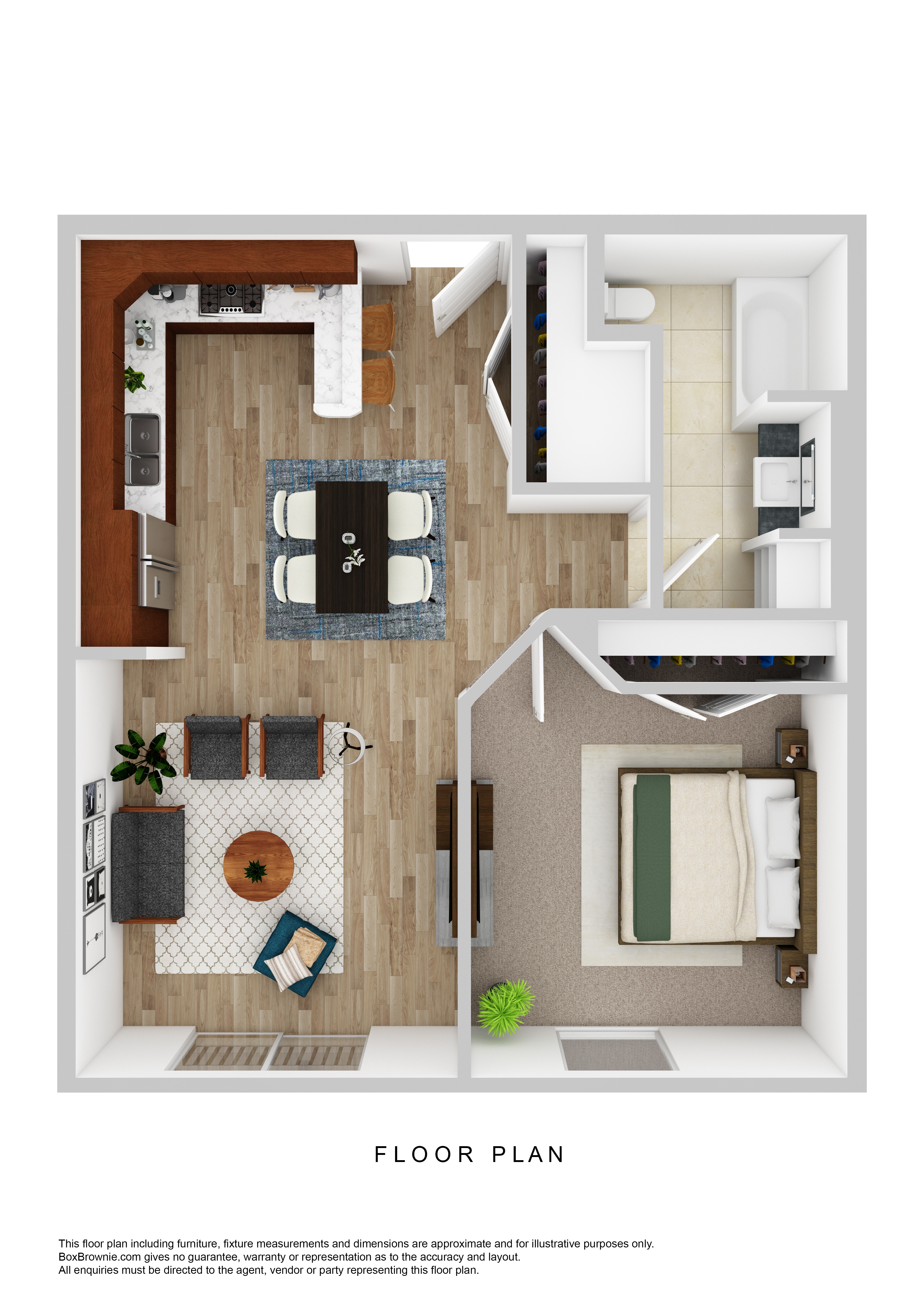 A floor plan of a house with a kitchen, living room, and bathroom.