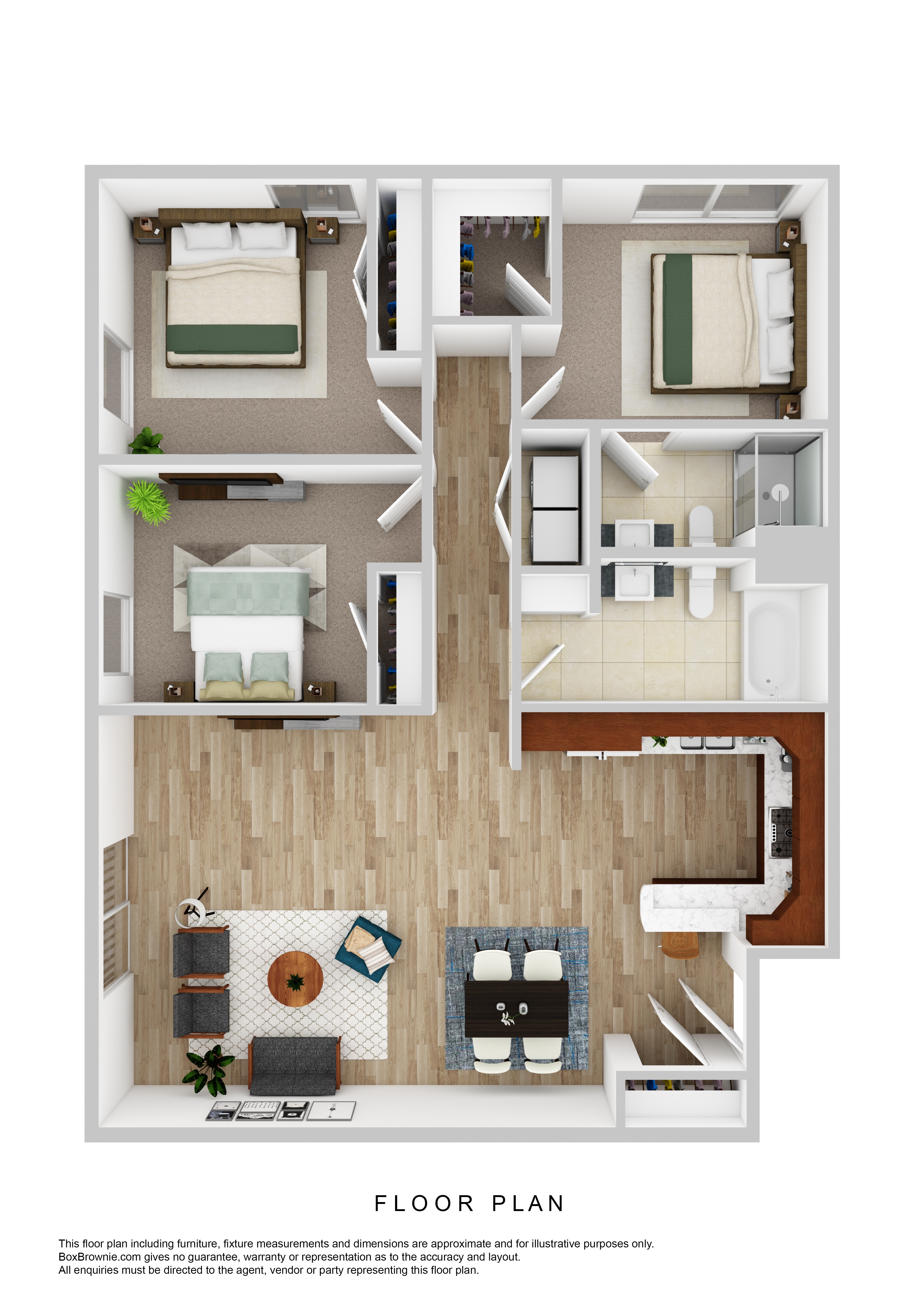 A floor plan of a house with two bedrooms, a living room, a kitchen, and a bathroom.