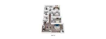 a stylized floor plan of unit c3 with a bedroom and living room