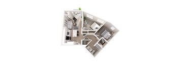 A floor plan of a house with a kitchen, living room, and two bedrooms.