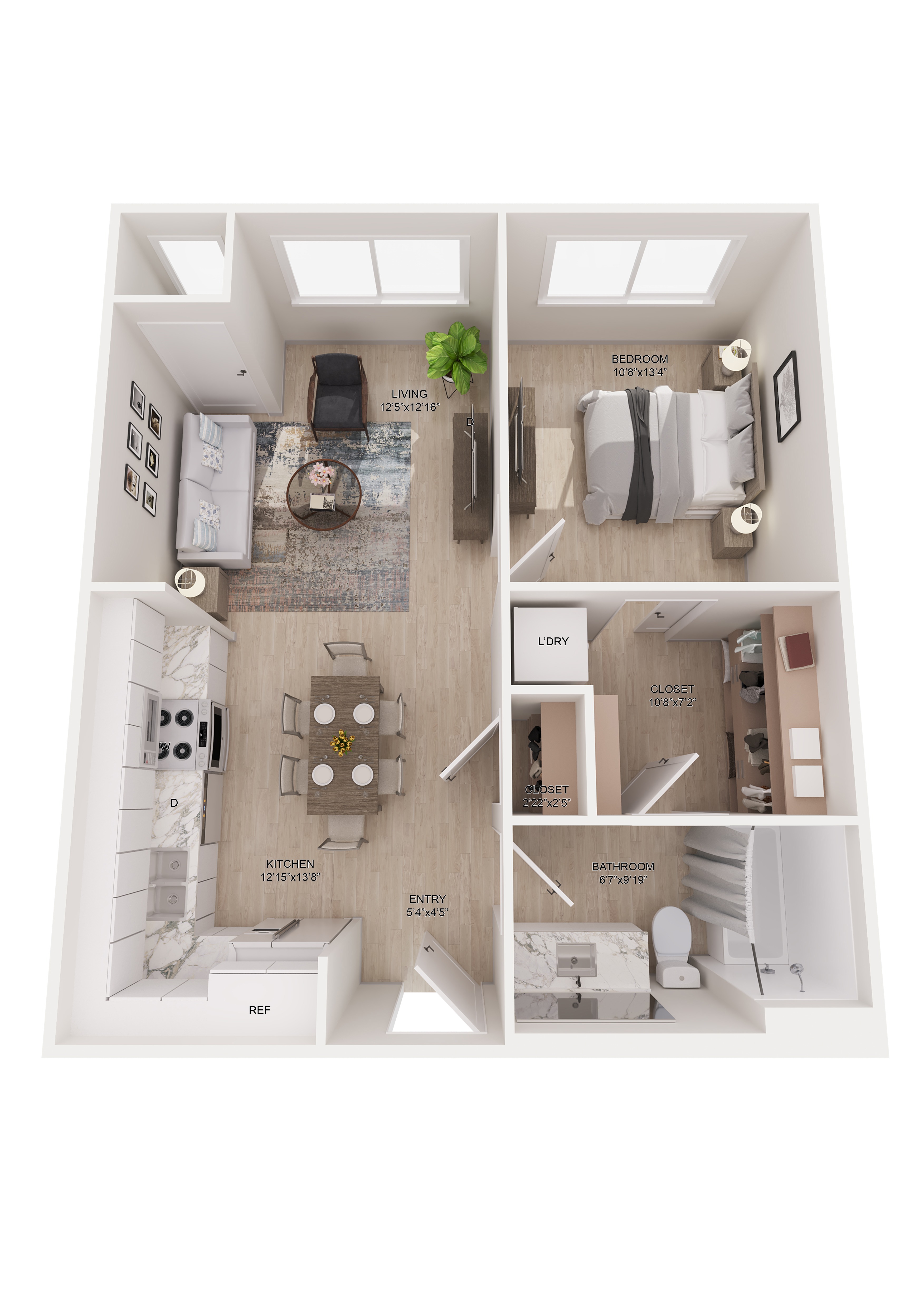 A floor plan of a small apartment with a living room, kitchen, and bathroom.