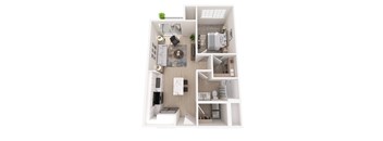 A 3D floor plan of a small apartment with a bedroom, living room, kitchen, and bathroom.