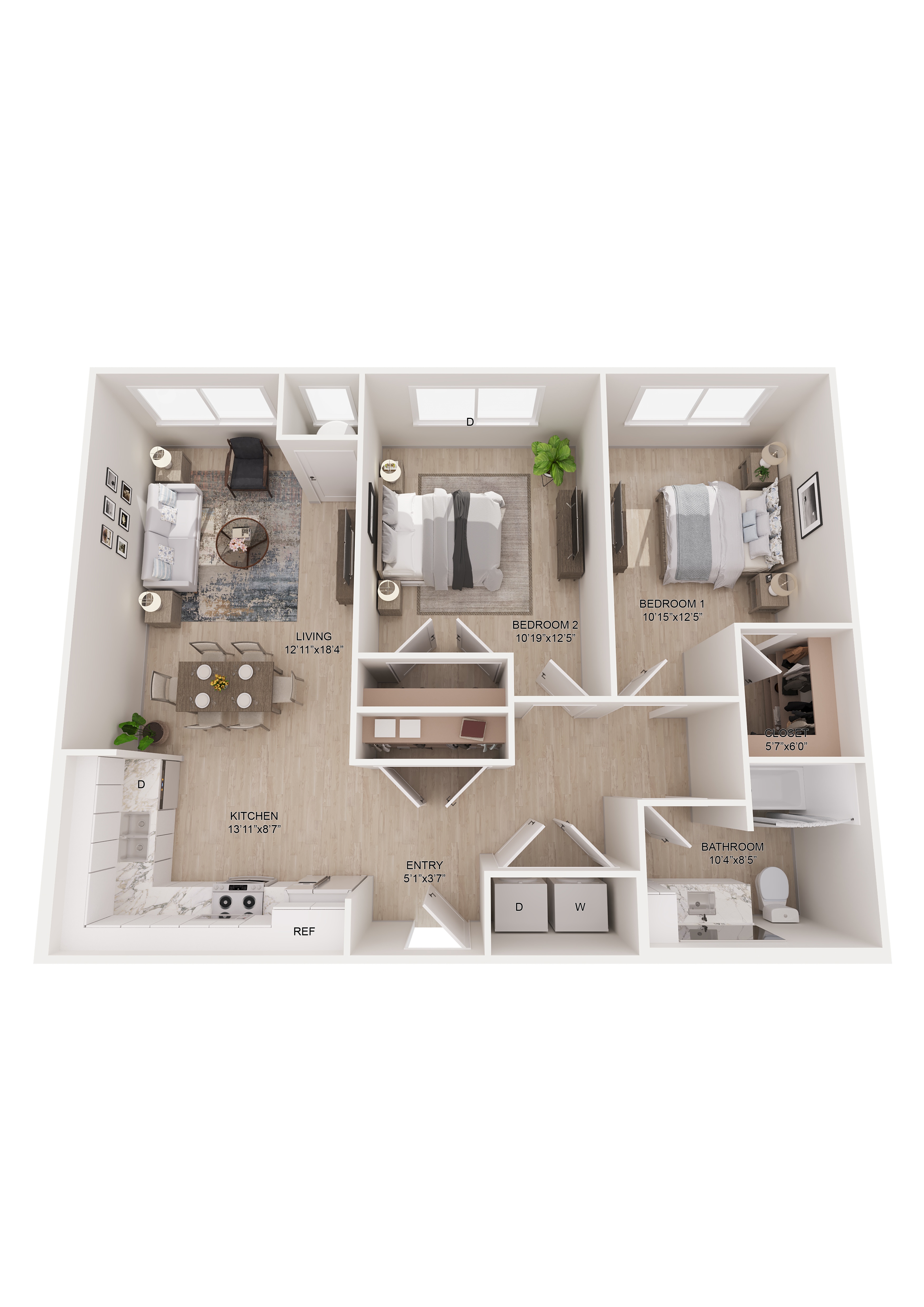 A floor plan of a small apartment with a kitchen, living room, and bathroom.