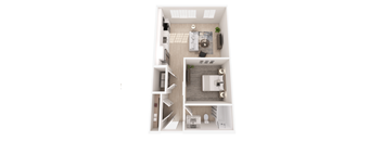 A top-down view of a small apartment with a living room, kitchen, and bathroom.