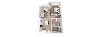 A white and wood floor plan of a small apartment.