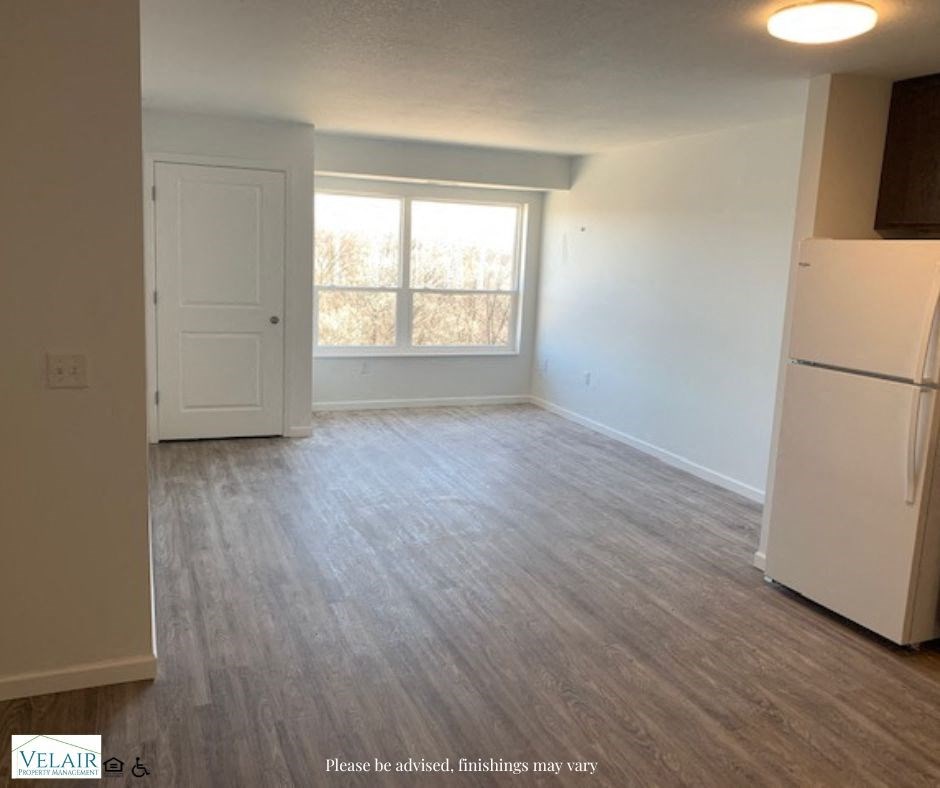 A room with a white door and a window with a view of trees outside.