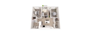 A top-down view of a modern, minimalist apartment with two bedrooms, a living area, and a kitchen.