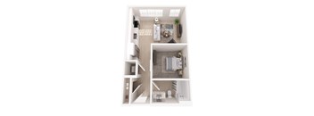 A top-down view of a small, neatly organized apartment.