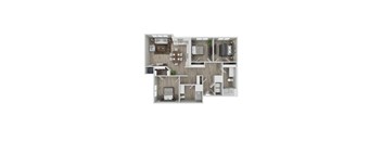 A top-down view of a small apartment with a kitchen, living room, and bedroom.