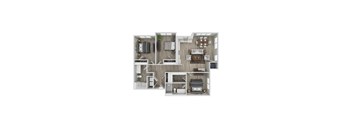 A 3D floor plan of a house with a kitchen, living room, and two bedrooms.