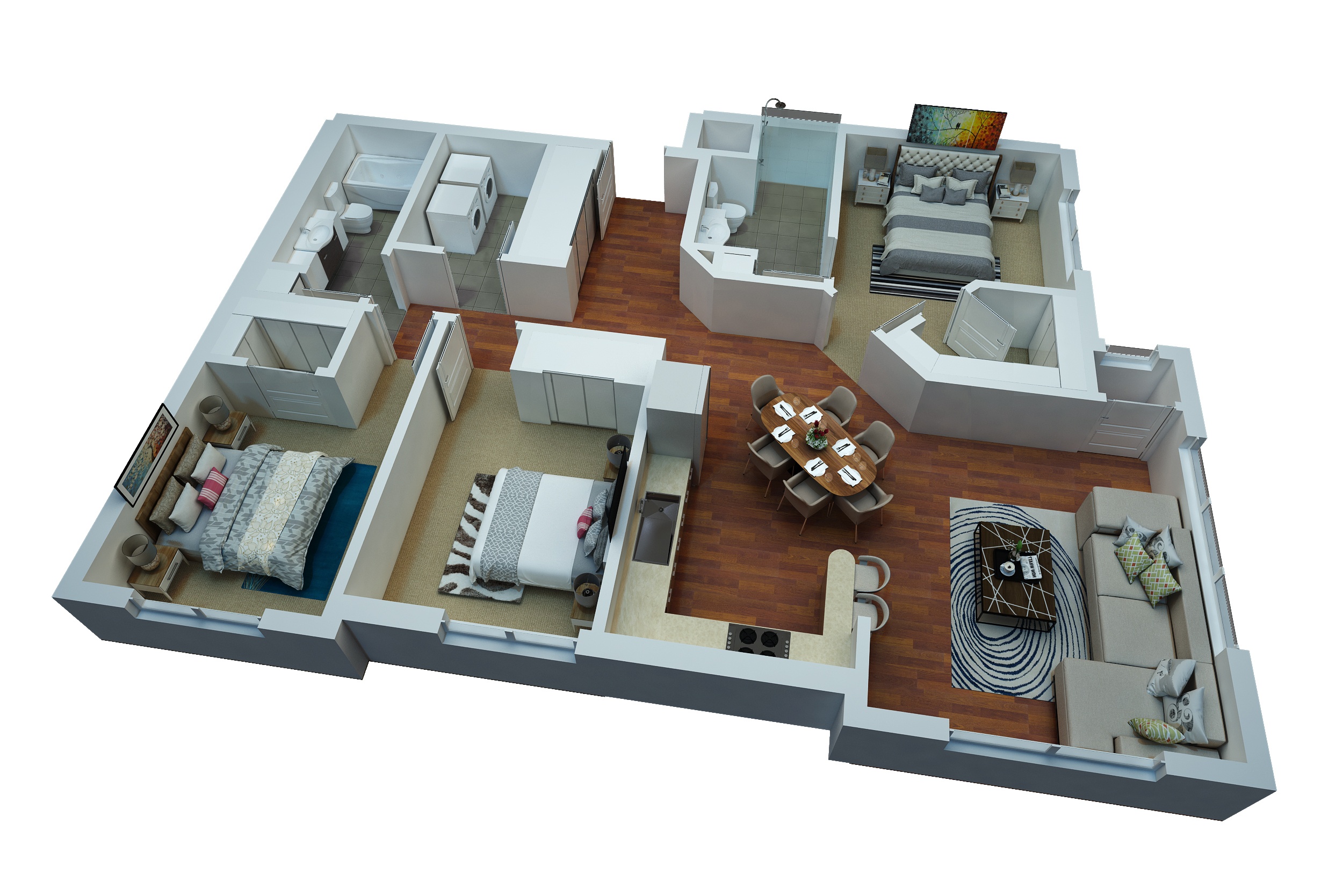 A 3D model of a house layout with various rooms and furniture.