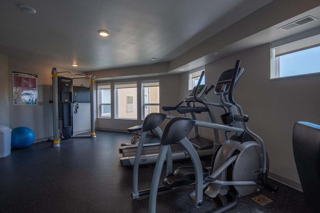 A gym with a rowing machine, a treadmill, and a blue exercise ball.