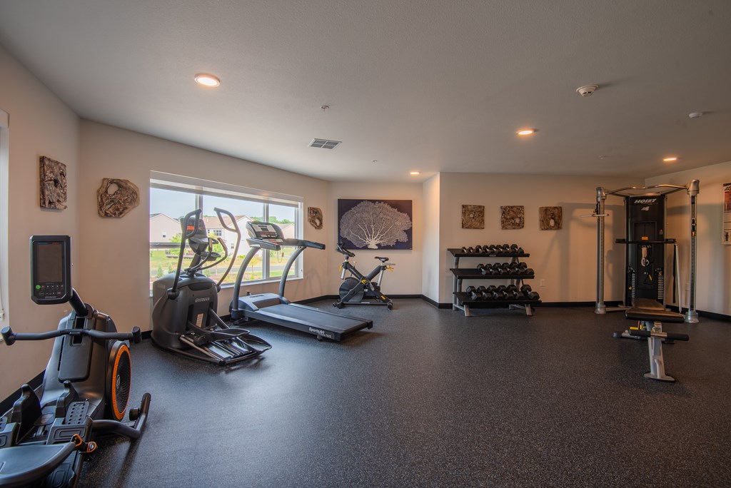 A spacious gym with a variety of exercise equipment.