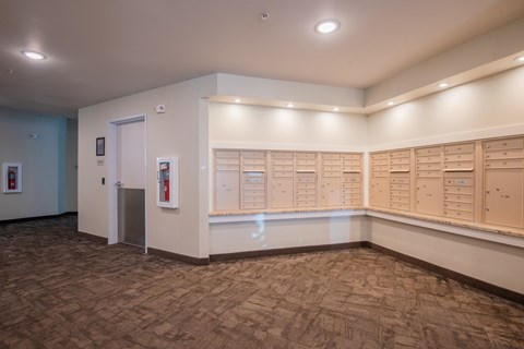 A hallway with a carpeted floor and a series of lockers on the wall.