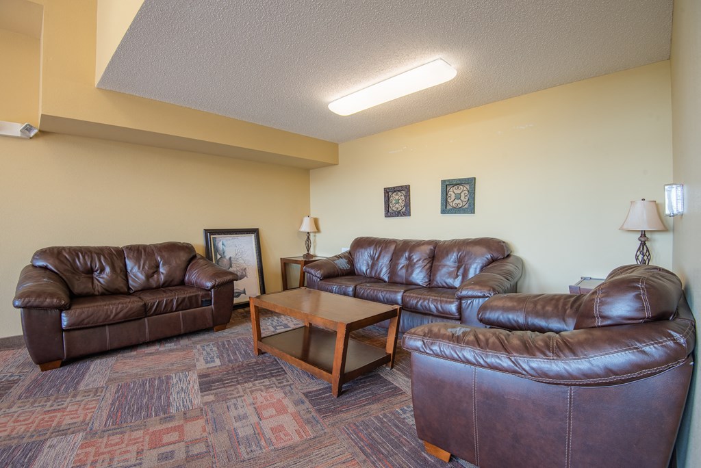 A living room with brown leather furniture and a patterned carpet.
