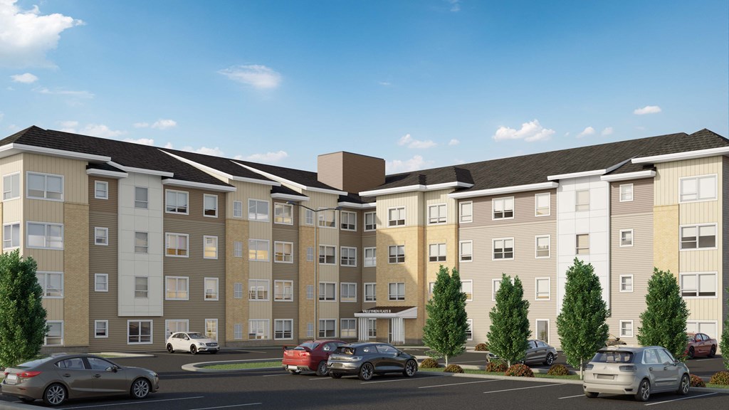 a rendering of an apartment building in a parking lot with cars