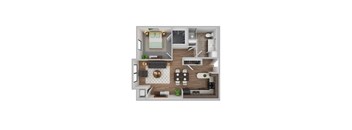 A top-down view of a modern apartment layout with a kitchen, living room, and bedroom.