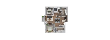 A 3D floor plan of a house showing a kitchen, living room, and two bedrooms.