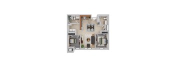 A floor plan of a house with a kitchen, living room, and two bedrooms.