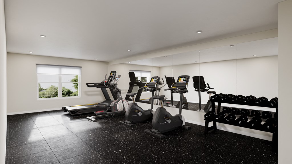 a gym with cardio equipment and weights on a black floor