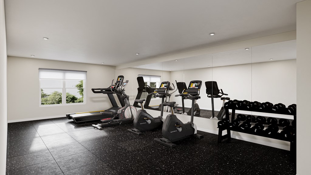 a gym with cardio equipment and weights on a black floor