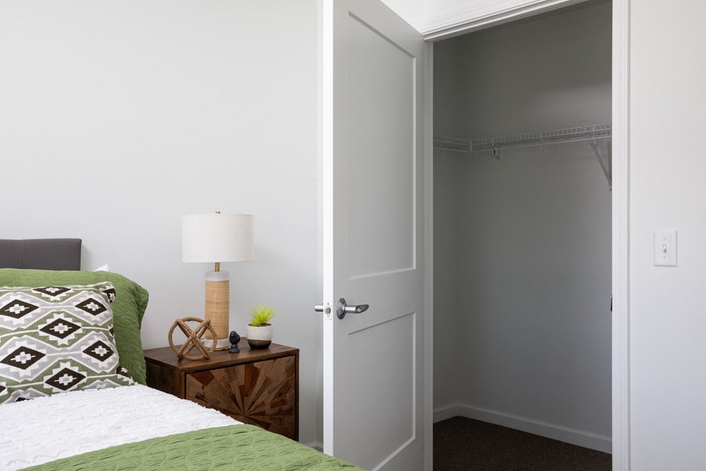 a bedroom with a bed and a closet