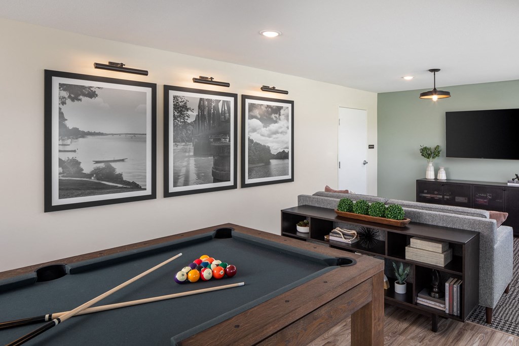 a games room with a pool table and a tv