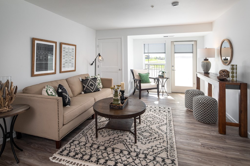 a living room with a couch and a table