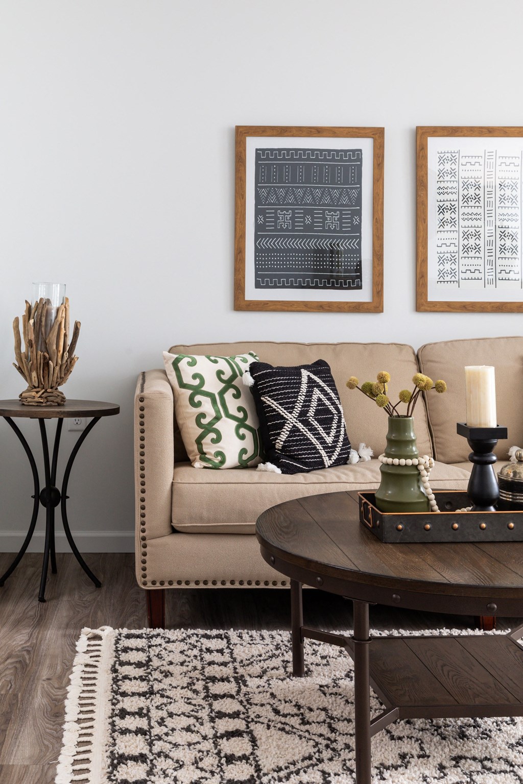 a living room with a couch and a coffee table