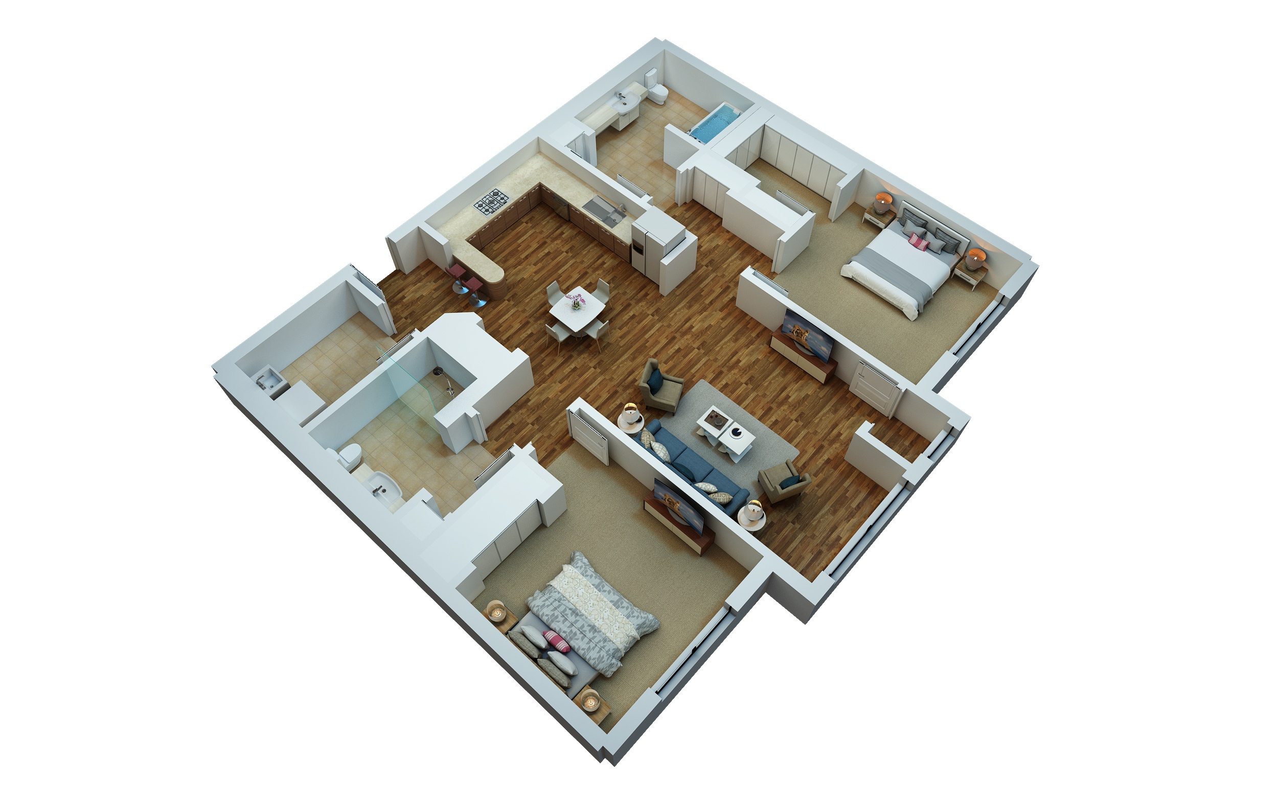A top-down view of a house layout with a living room, kitchen, and two bedrooms.