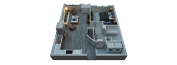 A 3D floor plan of a house with a living room, kitchen, and bathroom.