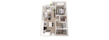 A top-down view of a small apartment with a kitchen, living room, and bathroom.